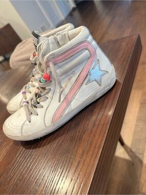 Golden Goose Kids White High-Top Sneakers with Pink Stripe and Light Blue Star